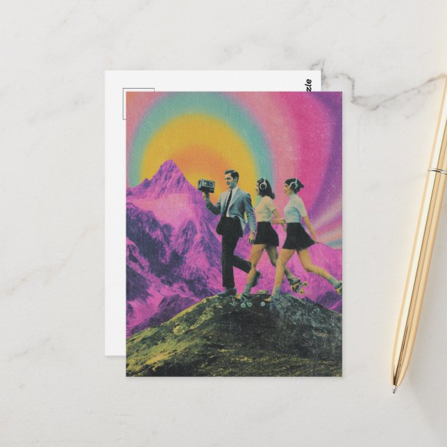 Postal Tres personas patinando en Mountain Ridge Surreal (Anverso/Reverso In Situ)