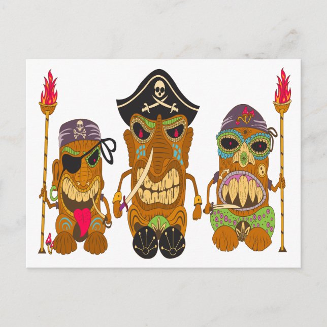 Postal Tres piratas Tiki, divertido (Anverso)