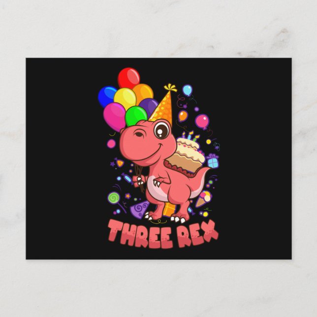 Postal TRES REX Cumpleaños de 3 Años Niña Dino (Anverso)