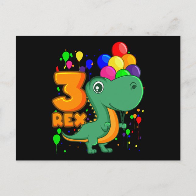 Postal TRES REX Cumpleaños de 3 años Niño Dino (Anverso)