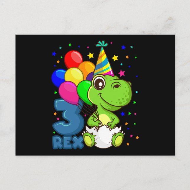 Postal TRES REX Cumpleaños de 3 años Niño Dino (Anverso)