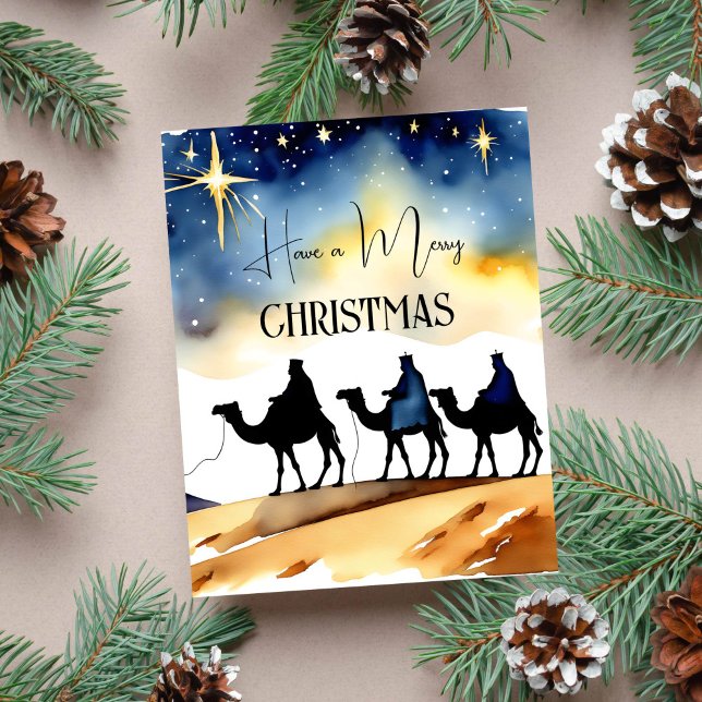 Postal Tres reyes saludos de Navidad religiosos (Three kings Merry Christmas greeting postcard three kings on camels under starry night sky star)