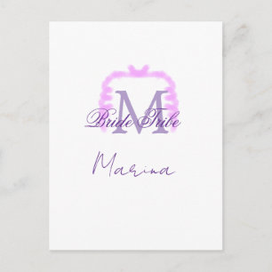 Postal tribu de la novia monograma morado volantes borde 