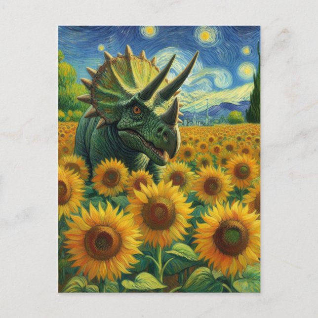 Postal Triceratops Dino en el campo de girasol Van Gogh (Anverso)