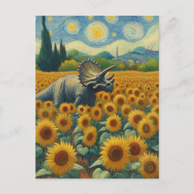Postal Triceratops en el campo de los girasoles Van Gogh (Anverso)