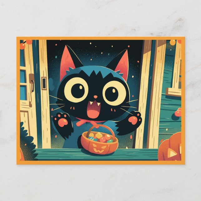 Postal Trick negro de gato o trébol Halloween (Anverso)