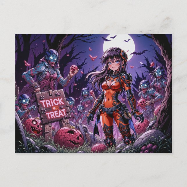 Postal Trick o Treat Halloween Zombis con el cerebro (Anverso)