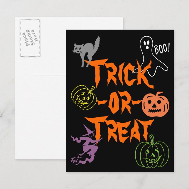 Postal Trick-or-Treat Halloween Calabaza Bruja fantasma (Anverso / Reverso)