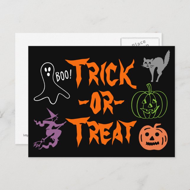 Postal Trick-or-Treat Halloween Calabaza Bruja fantasma (Anverso / Reverso)