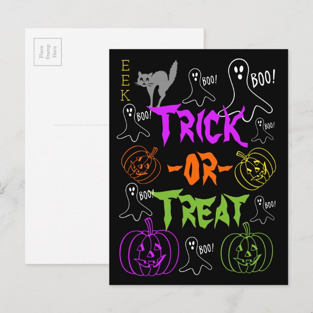 Postal Trick-or-Treat Halloween Tema Calabaza Ghost Cat (Anverso / Reverso)