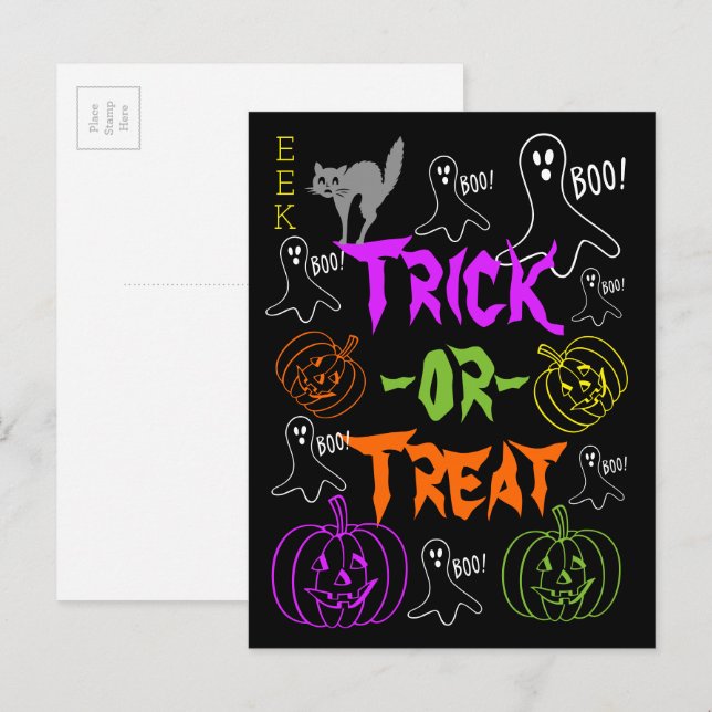 Postal Trick-or-Treat Halloween Tema Calabaza Ghost Cat (Anverso / Reverso)