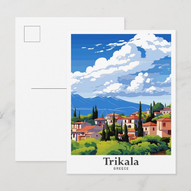 Postal Trikala Grecia Ilustracion de viajes de arte (Anverso / Reverso)