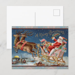 Postal Trineo de Santa Claus con renos en Nochebuena
