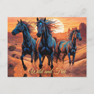 Postal Trío de caballos salvajes en el desierto