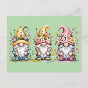 Postal Trío de gnomos de primavera en acuarela con sombre