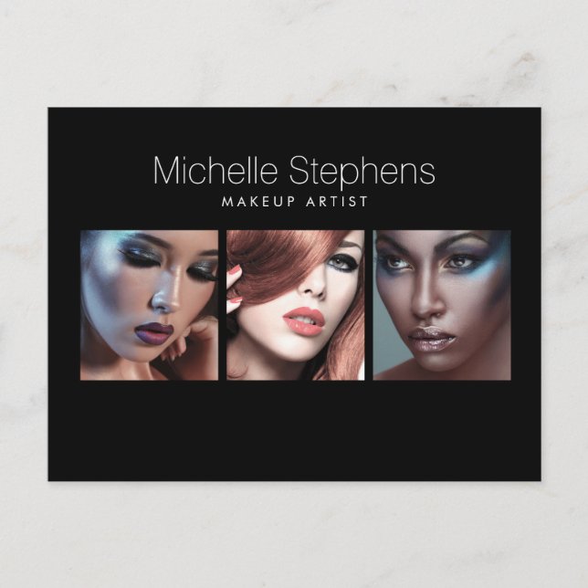 Postal Trío fotográfico moderno para artistas de maquilla (Anverso)