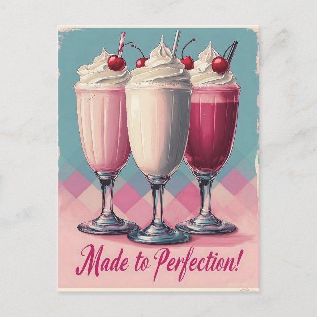 Postal Trío retro de batidos con cerezas y crema (Anverso)