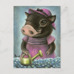 Postal Triona el cerdo regando sus flores