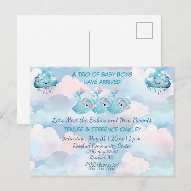 Postal Triplet Baby Boys Blue Shower Invitation Postcard (Anverso / Reverso)