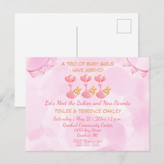 Postal Triplet Baby Girls Pink Shower Invitation Postcard (Anverso / Reverso)