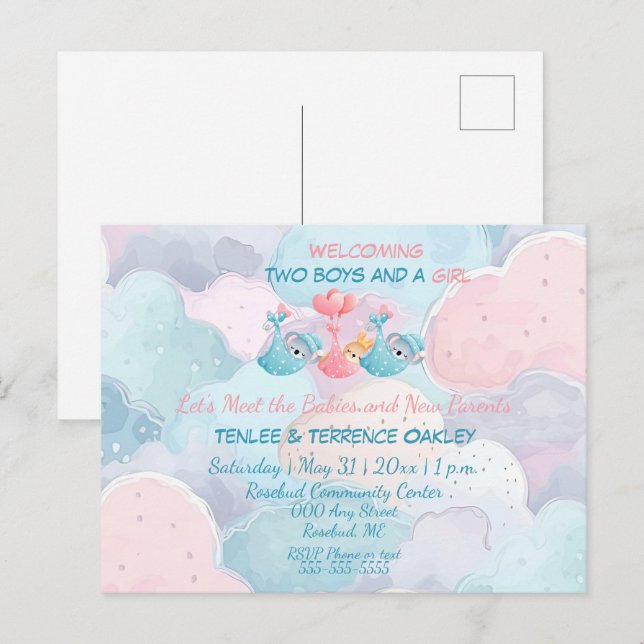 Postal Triplets Two Boys and A Girl Shower Invite (Anverso / Reverso)
