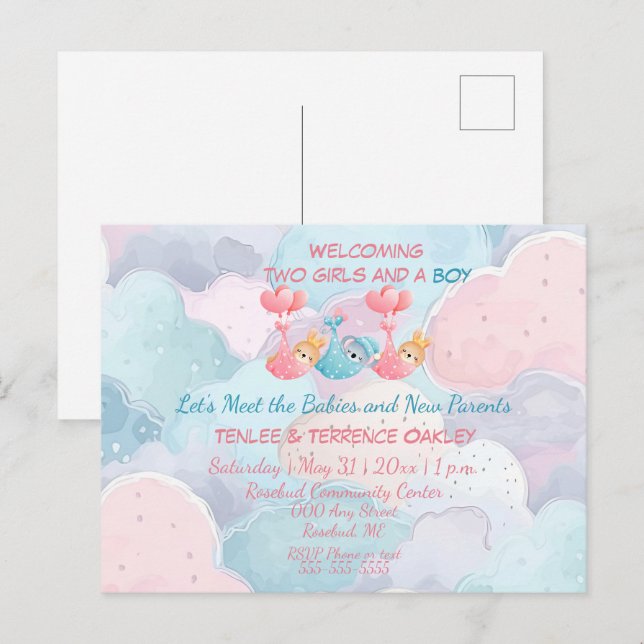 Postal Triplets Two Girls and A Boy Shower Invite (Anverso / Reverso)