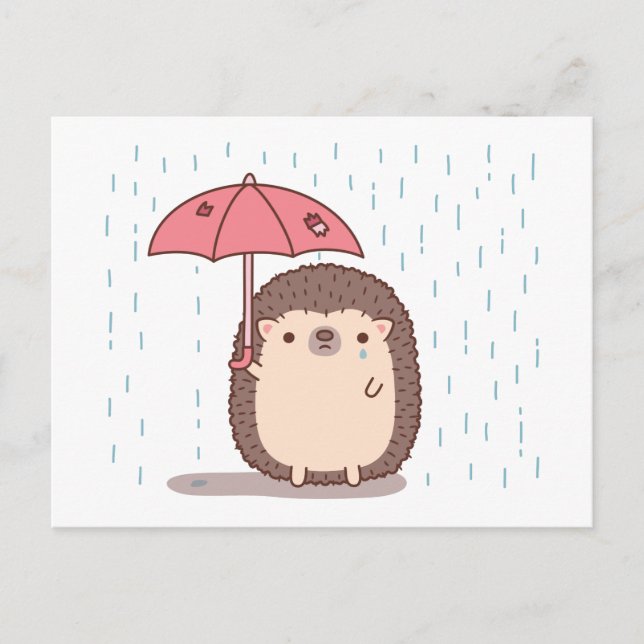 Postal Triste Hedgehog Sujetando El Paraguas En Lluvia (Anverso)