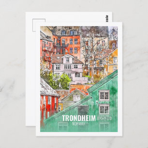 Postal Trondheim Noruega Famoso Sketch acuático de viajes