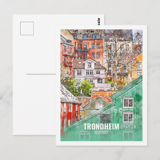 Postal Trondheim Noruega Famoso Sketch acuático de viajes (Anverso / Reverso)