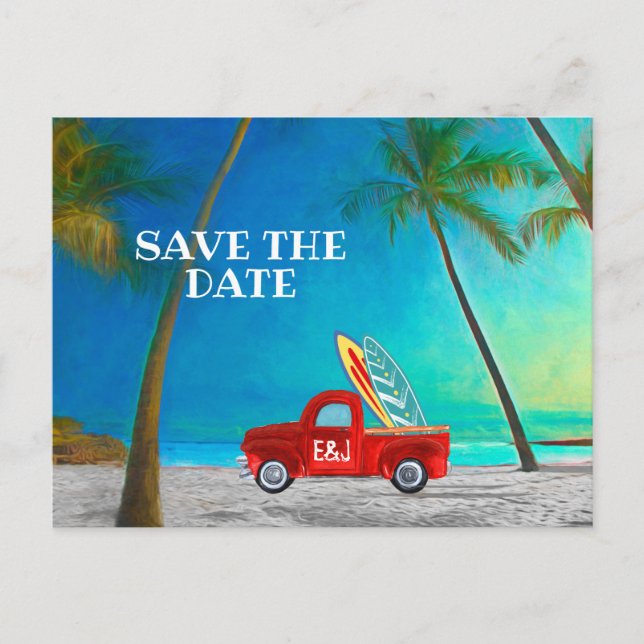 Postal Tropical Beach Hawaii Palm Surfboards Red Truck (Anverso)