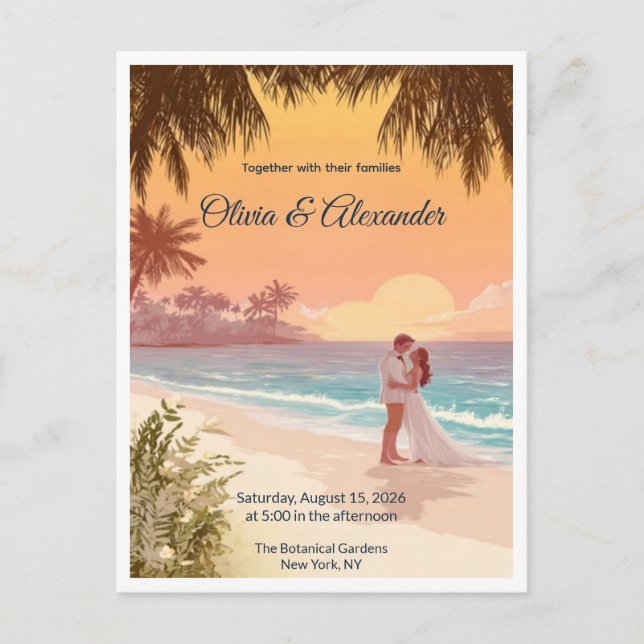 Postal Tropical Beach Sunset Destination Wedding Postcard (Anverso)