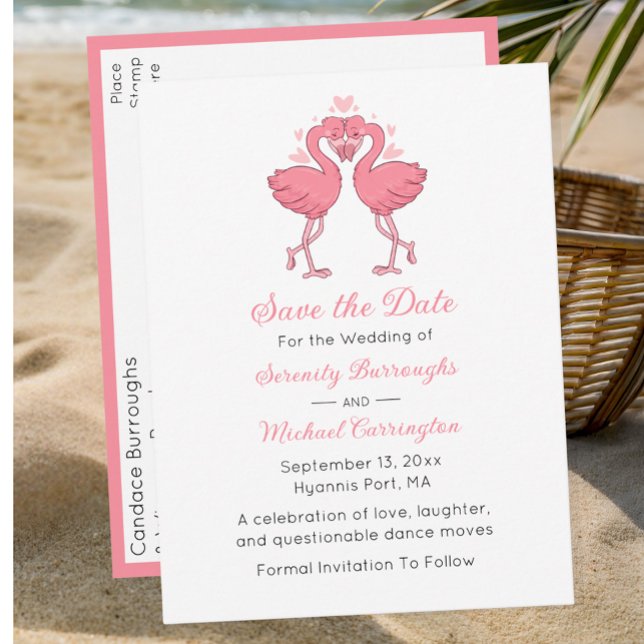 Postal Tropical Pink Flamingo Beach Wedding Save the Date (Subido por el creador)