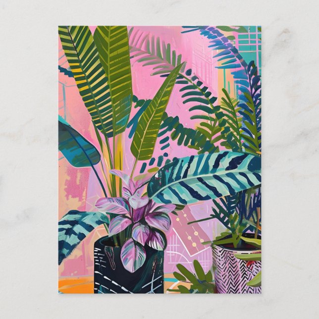 Postal Tropical pink flamingos set against lush green (Anverso)