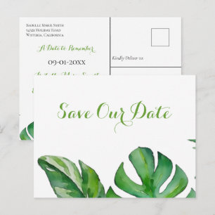 Postal Tropical Verde Acuarela Monstera Save The Date