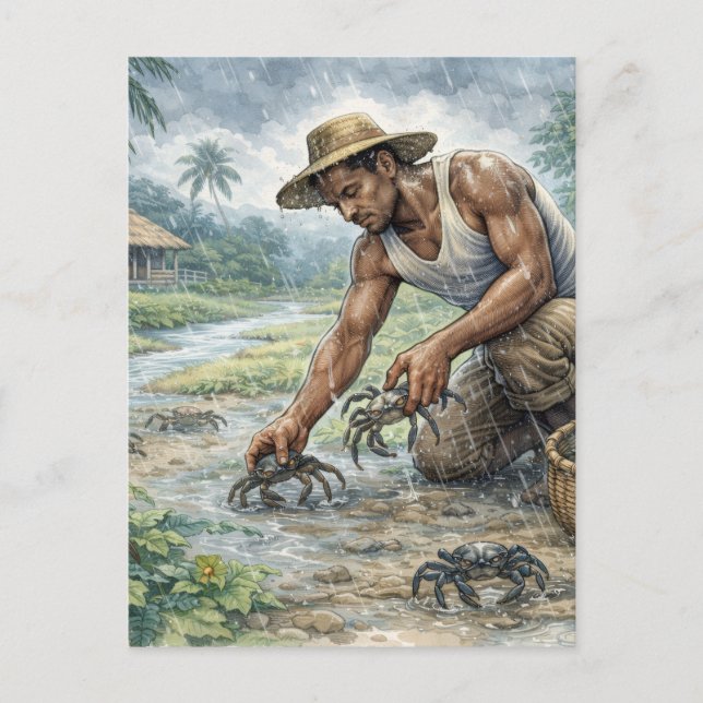 Postal Tropical Village Life: Man Catching Crabs in Rain (Anverso)