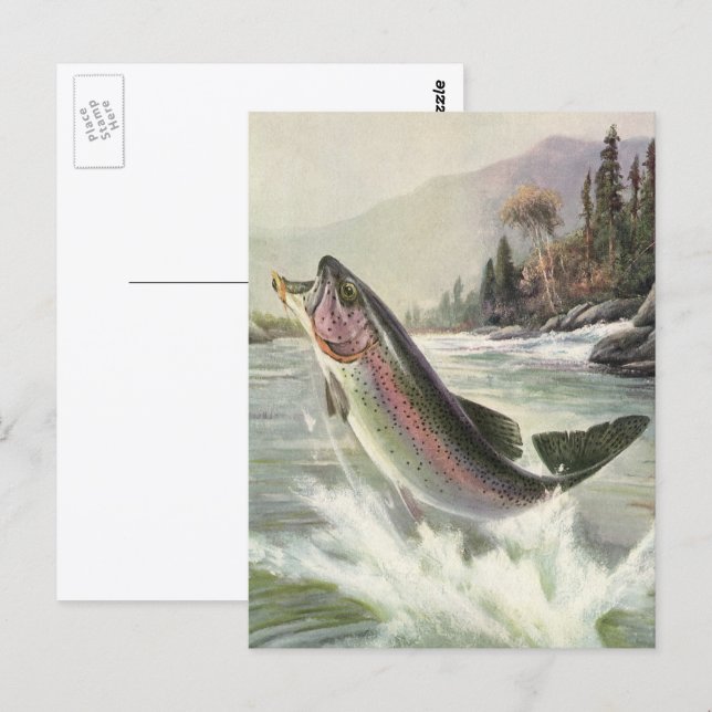 Postal Trucha Arcoíris, Pescador Antiguo Pescando Peces (Anverso / Reverso)