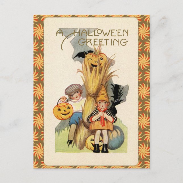 Postal Truco o tratamiento de Halloween vintage (Anverso)