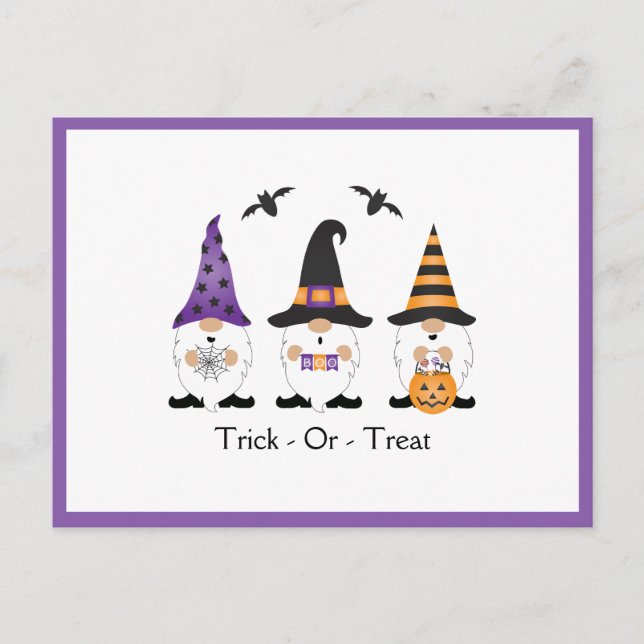 Postal Truco O Tratamiento Halloween Gnomes Naranja Púrpu (Anverso)