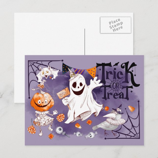Postal Truco o trato. Fantasma divertido, niña calabaza H (Anverso / Reverso)