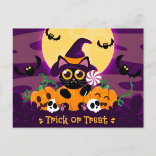 Postal Truco o trato gato negro, calabazas, calaveras y m