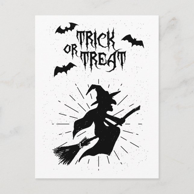 Postal truco o trato la bruja voladora halloween (Anverso)