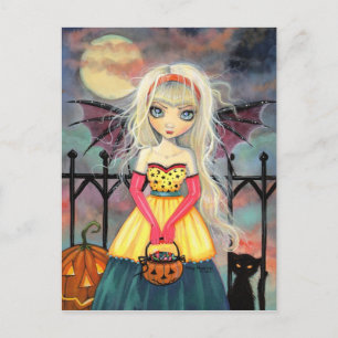Postal Truco o trato lindo vampiro y gato de Halloween