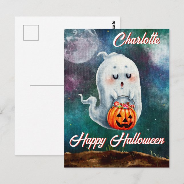 Postal Truco o trato, los fantasmas son dulces Halloween (Anverso / Reverso)