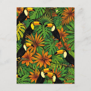 Postal Tucanes Coloridos Hojas Tropicales de Jungla Hibis