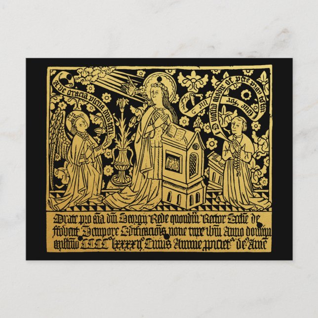 Postal Tudor Brass Rubbing Anunciación Mary Angel (Anverso)