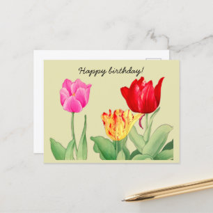 Postal Tulipán, arte de grabado en madera japonés, Feliz