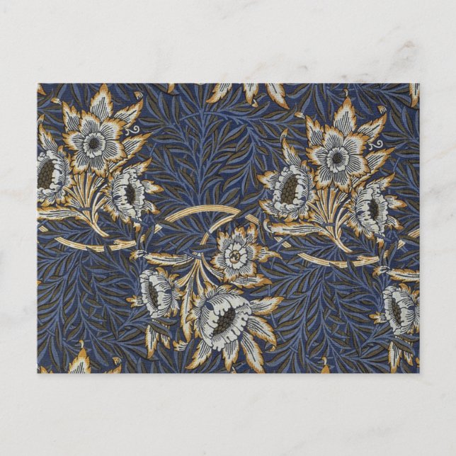 Postal Tulipán de sauce patrón azul floral de William Mor (Anverso)