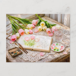 Postal Tulipanes al acuarela con pinceles y vintage creat