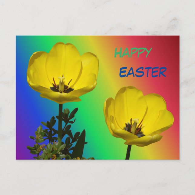 Postal Tulipanes amarillos Rainbow Happy Easter Postcard (Anverso)