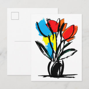Postal Tulipanes Naranja Rojo Vibrante Línea Negra Floral